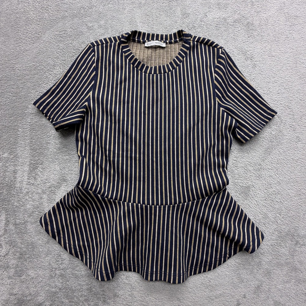 Zara Peplum Tops Shirt Womens S Navy Striped